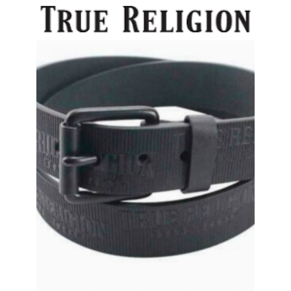 True Religion Van Textured Logo Repeat & Roller Buckle Belt
